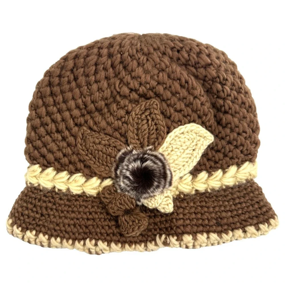 Women's Crochet Cloche Fleece Lined Winter Hat Faux Fur Flower Accent Brown Knit